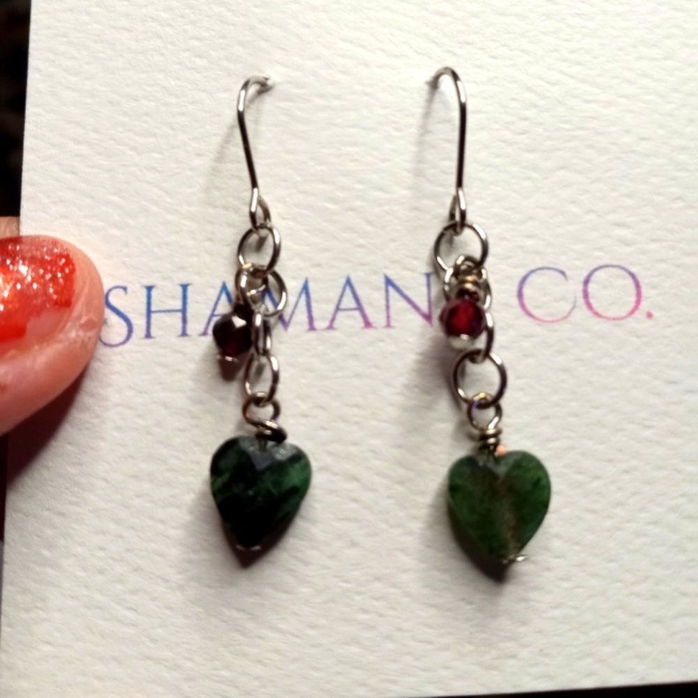 Ruby Fuchsite Garnet Earrings Green Leaf Heart Red Crystal Healing